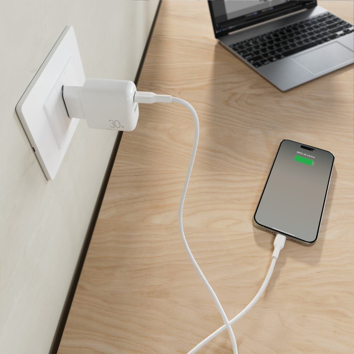 Kit charge 30W USB‑A/USB‑C + câble USB‑C